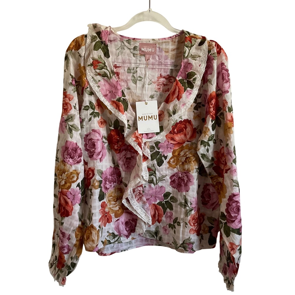 Show Me Your Mumu Lydia Ruffle Top Ivory Hillside Floral - Size Small NEW